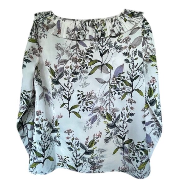 Banana Republic Asymmetrical Pleated Collar Long Sleeve Blouse Floral Petite M - Picture 12 of 16